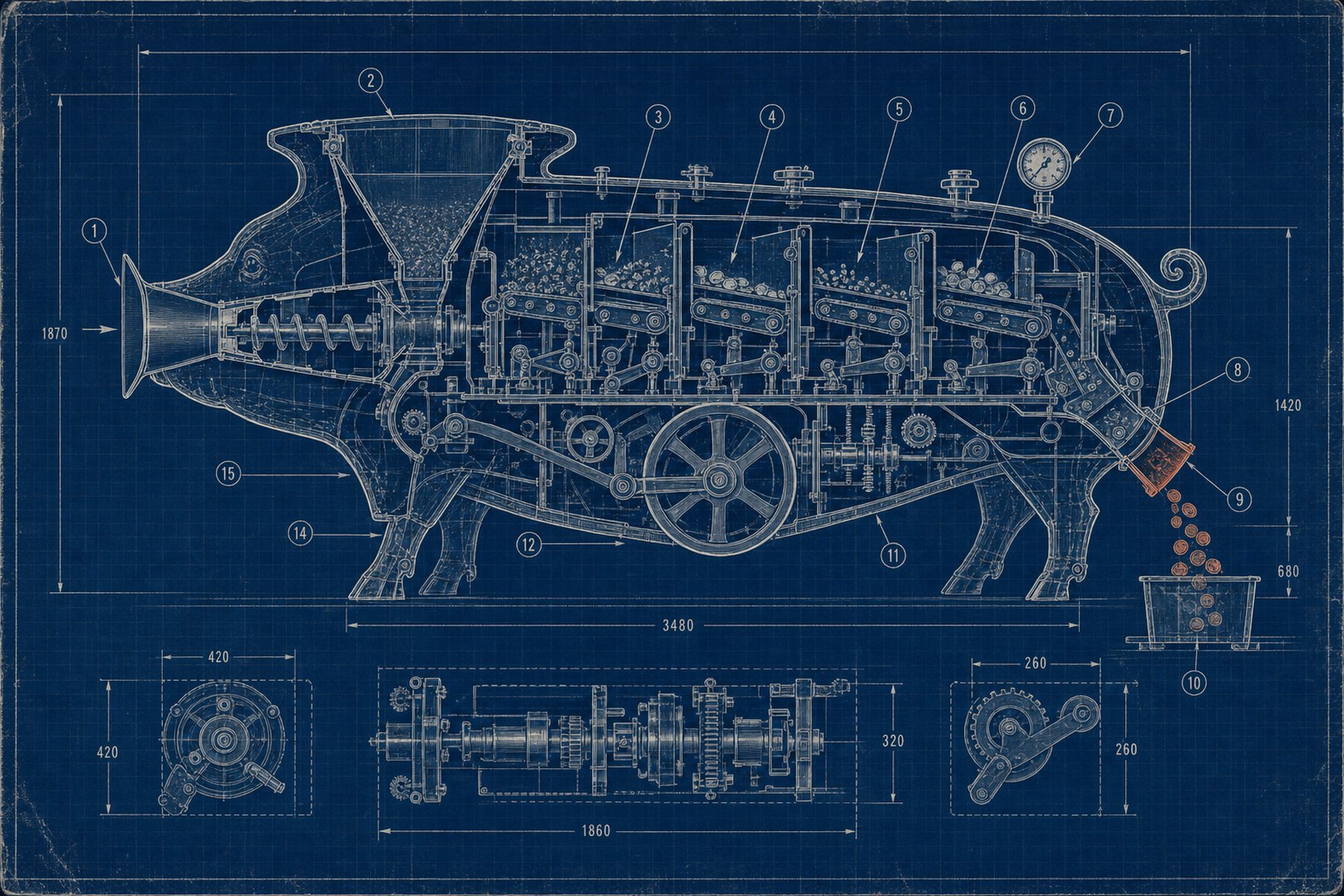Blueprint style cutaway diagram of a mechanical hog, showing an intake funnel feeding a hopper, sorting chambers, conveyor belts, gears, a flywheel, and a coin chute that empties into a bin.