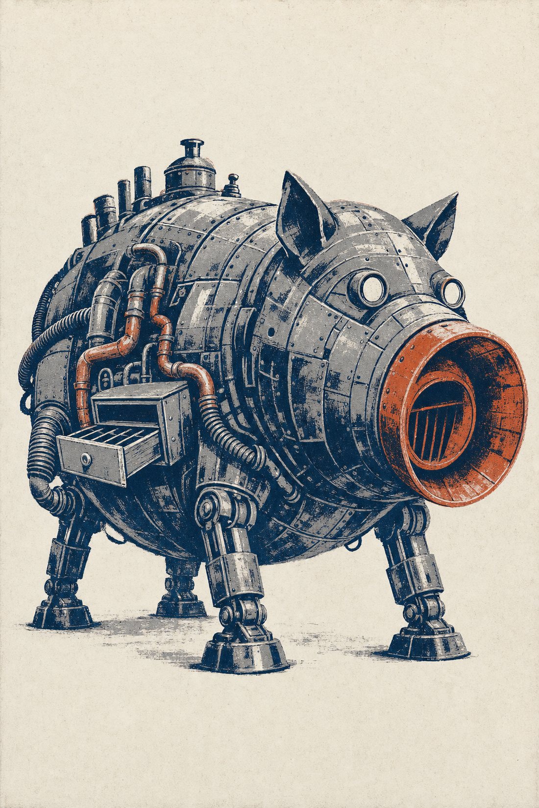 Woodcut style print of a riveted mechanical hog standing on four hydraulic legs, with a wide funnel snout, blank glass eyes, and an open cash drawer in its side.