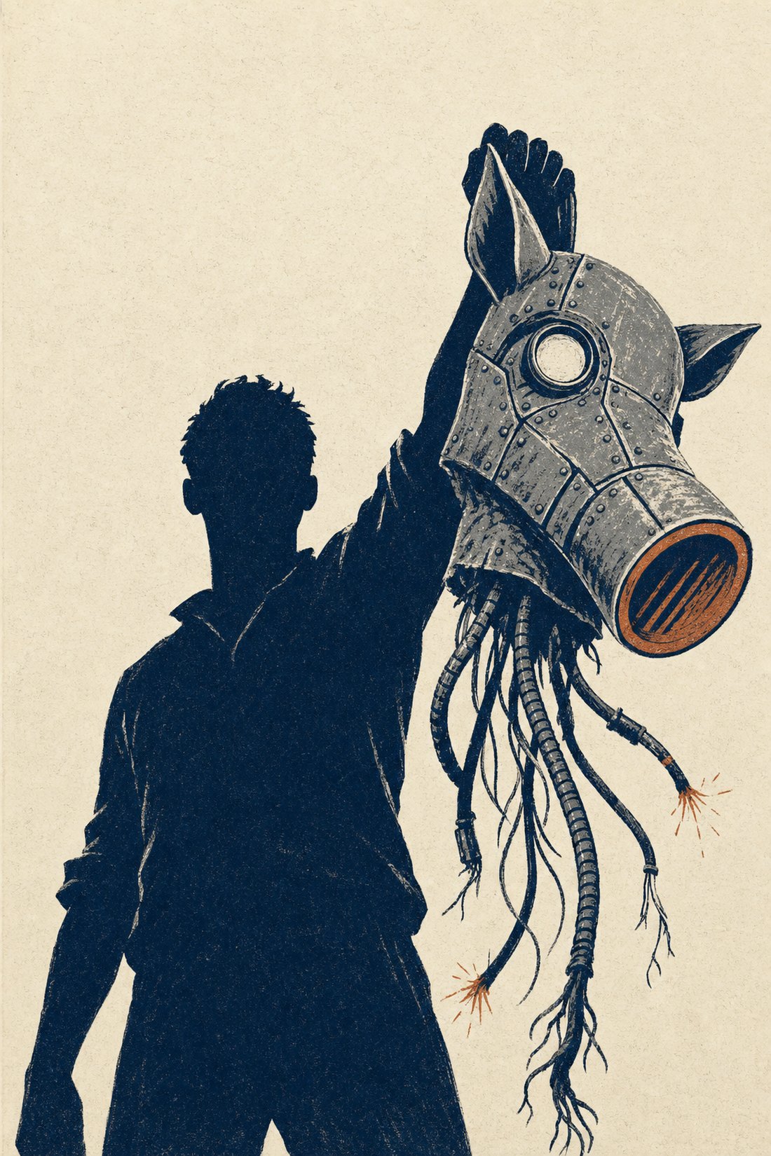 Woodcut print of a person holding the captured mechanical hog head up by its hoses, the campaign's win state image.