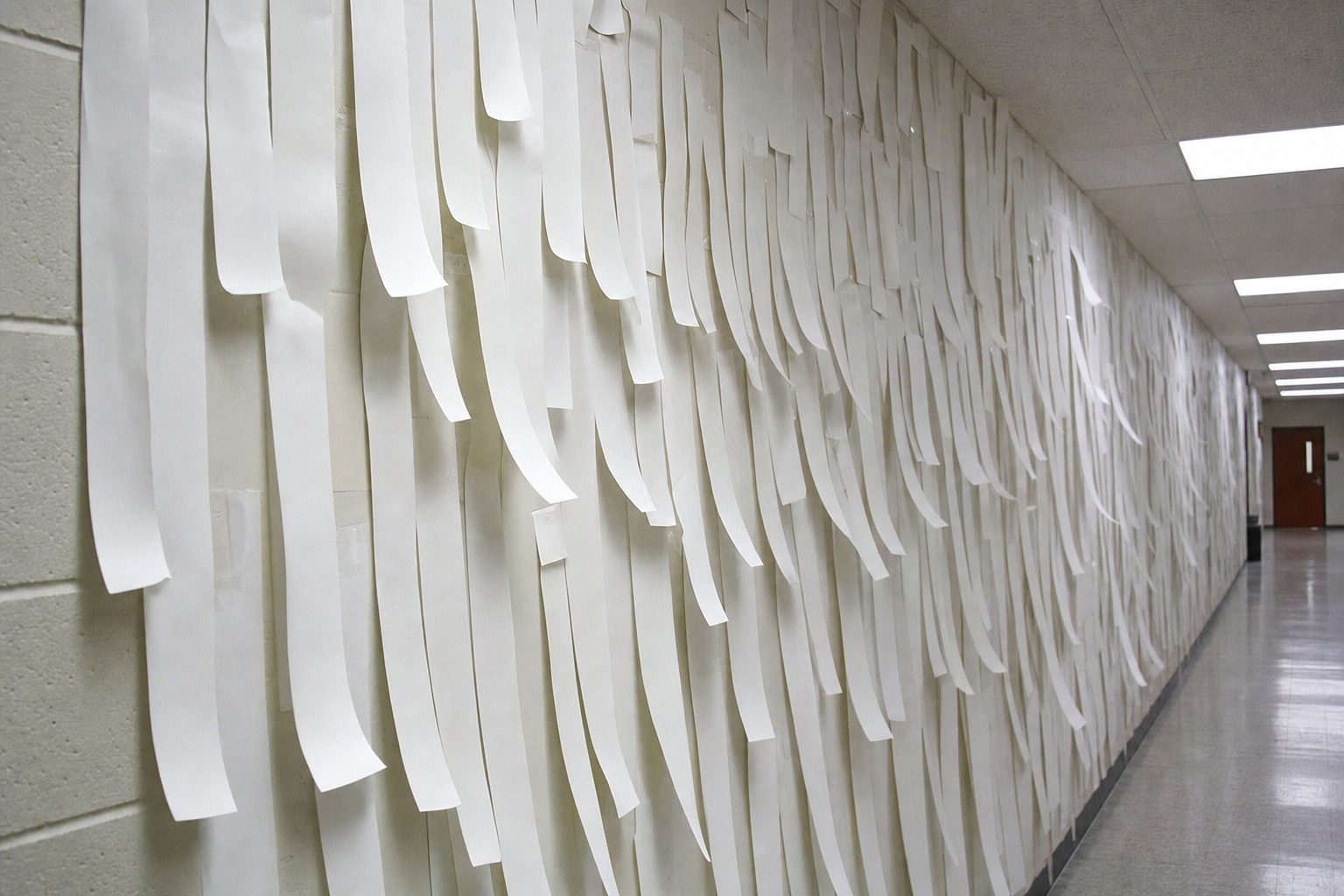 A school hallway wall covered edge to edge in hundreds of blank paper receipt strips.