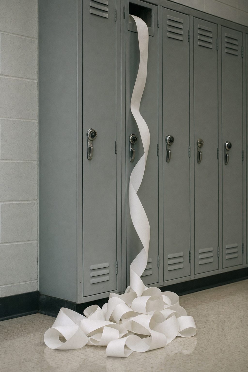 A single long paper receipt strip unspooling from a school locker into a coil on the floor.