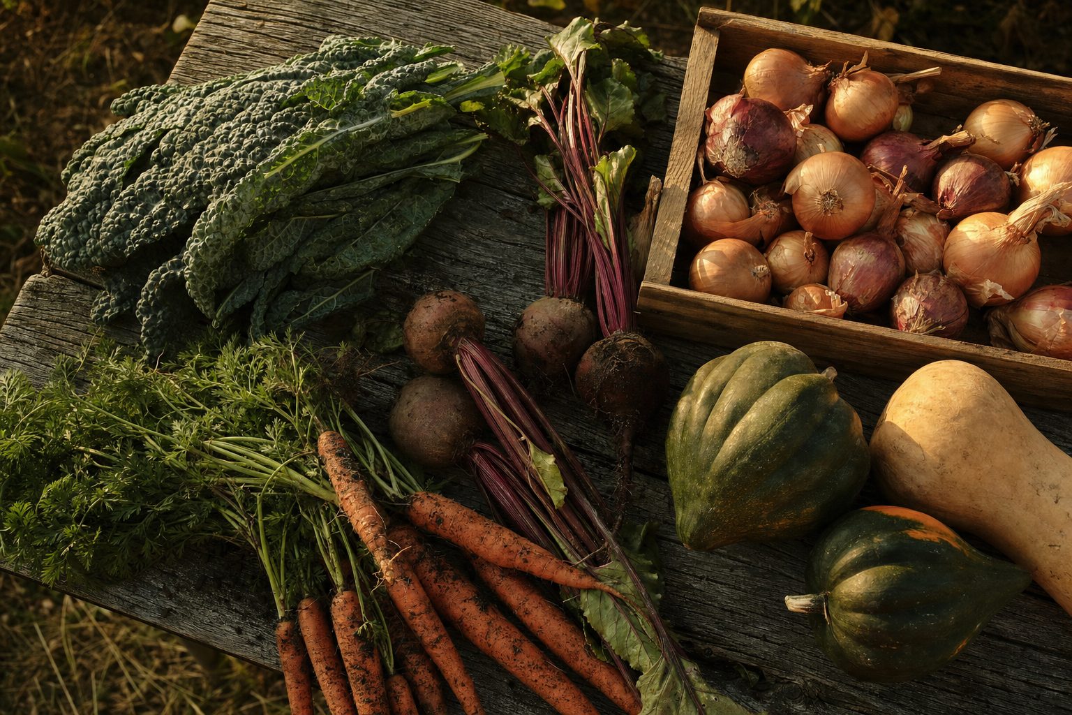 A wooden table of freshly harvested vegetables in warm afternoon light.