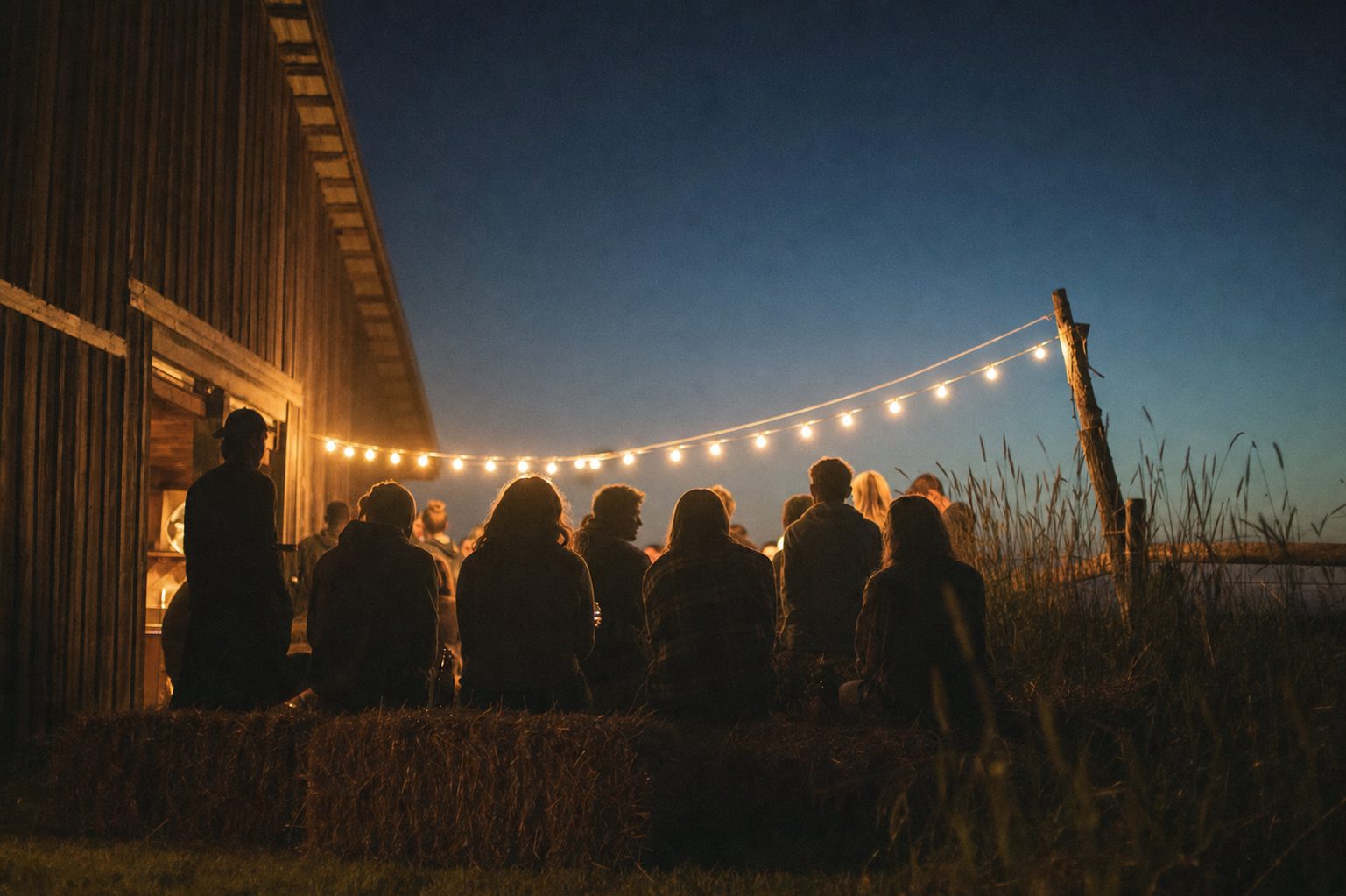 Silhouettes of a group gathered outdoors under a string of lights at dusk.