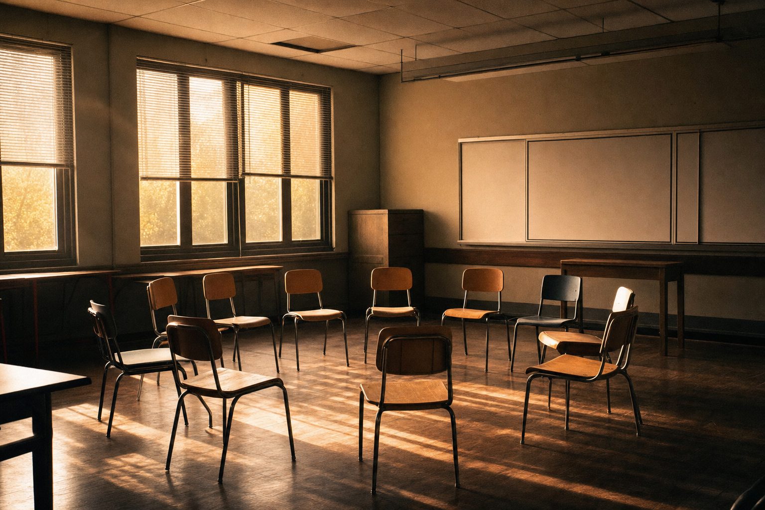 An empty classroom with chairs arranged in a circle, lit by late afternoon light through tall windows.